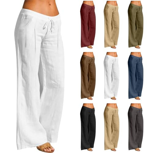 Linen Pants Women Drawstring Wide Leg Trousers
