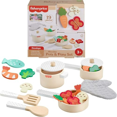 19-Piece Fisher-Price Wooden Kitchen Pretend Play Toy Pots & Pans Set