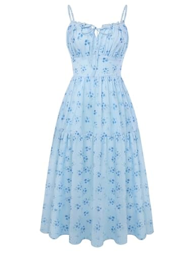Belle Poque Floral Wedding Guest Midi Flowy Tea Party A Line Milkmaid Dress Blue L Deal