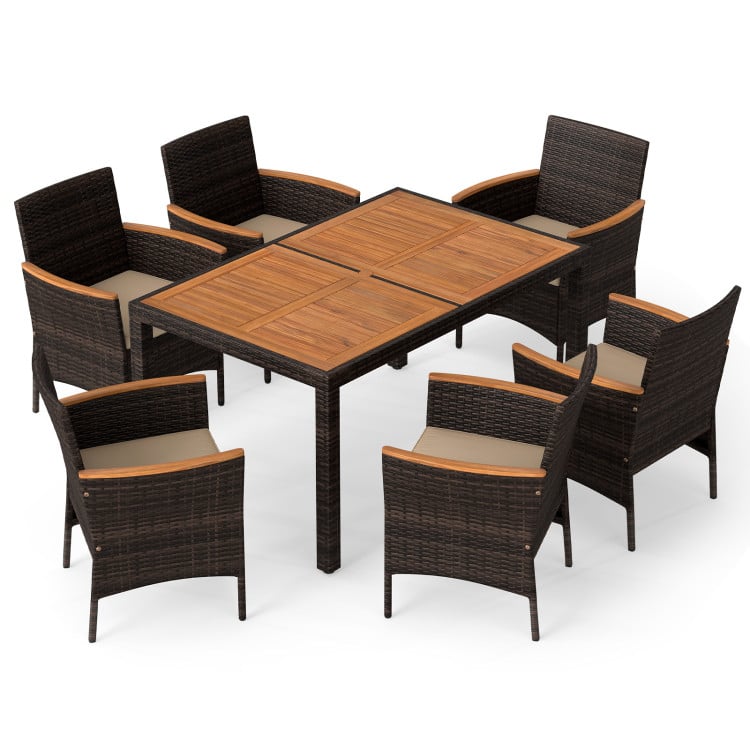 Costway 7-Piece Patio Rattan Dining Set w/ Acacia Wood Table & 6x Cushioned Chairs Deal
