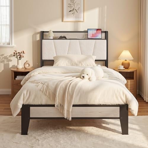 LIKIMIO Twin XL Bed Frames, Bouclé Storage Headboard with Charging Station Deal