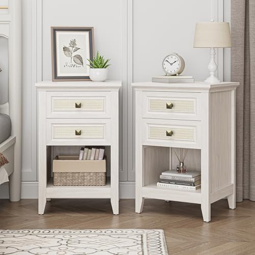RoyalCraft Rattan Nightstand with Drawer Set of 2 (White)
