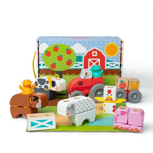 56-Piece Melissa  Doug Blockables Farm Snap and Play, Mix and Match Connectable Wooden Building Blocks Play Set