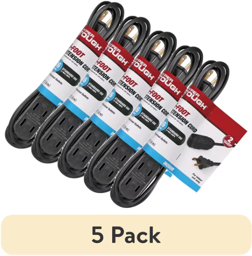 Hyper Tough 5-Pack 6' 16AWG Indoor Extension Cord w/ 3 Polarized Outlets