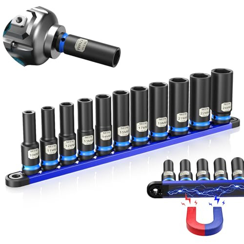 Seesii 11-Piece 1/2" Drive CR-MO Deep Impact Socket Set w/ Magnetic Organizer (10-24mm)