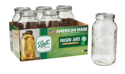 Ball Glass Wide Mouth Half Gallon Mason Jars 6-Pack, 64 Oz.