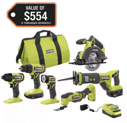 RYOBI ONE+ 18V Cordless 6-Tool Combo Kit with Compact Battery, 4.0 Ah Battery, and Charger Deal