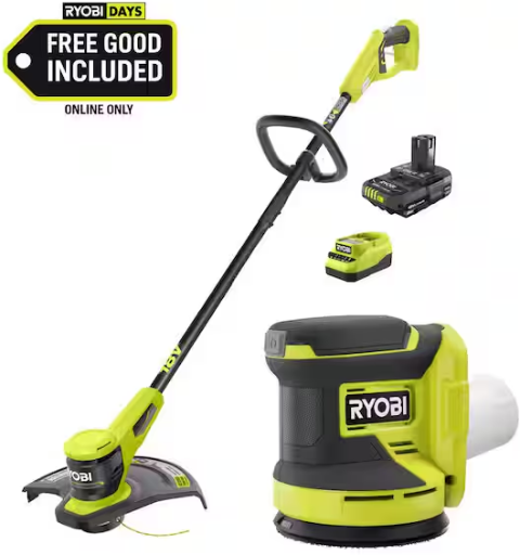 RYOBI ONE+ 18V 13 in. Cordless Battery String Trimmer with 2.0 Ah Battery and FREE Cordless 5" Random Orbit Sander Deal