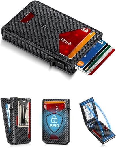 Slim Minimalist Aluminum & Faux Leather Wallet with Money Clip & ID Window, RFID Blocking Pop Up Credit Card Holder, Holds 9-13 Cards Deal