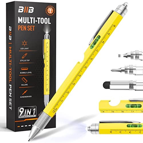 9-in-1 BIIB Multitool Pen w/ LED Flashlight, Stylus, Ruler, Level, Screwdrivers & More (Yellow)