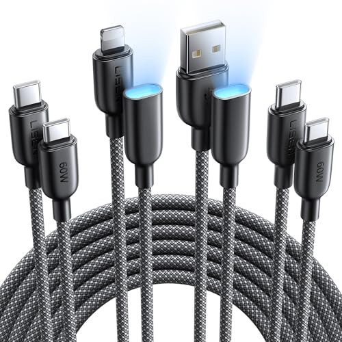 Lisen 2-Pack 6.6' 60W USB-C Cables + 2-Pack 1.3' USB-C to USB-A / Lightning Adapters