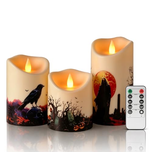 Artmarry Halloween Flameless LED Pillar Candles 3-Pack with 10-Key Remote