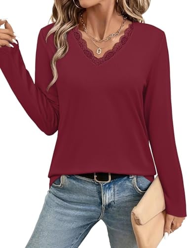 JUSTFASHIONNOW Women's Lightweight Lace V Neck Long Sleeve Shirt Deal