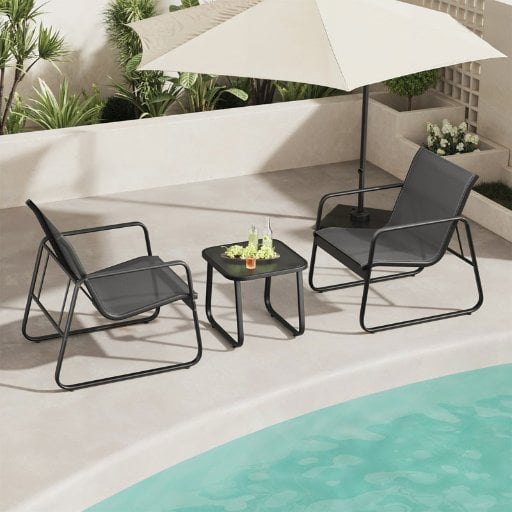 Ebern Designs 2-Person Outdoor Patio Seating Group with Ergonomic Chairs & Glass Coffee Table (Black) Deal