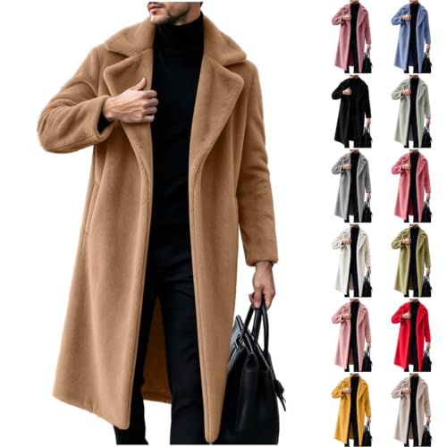 Men Faux Fur Long Open Front Notched Lapel Overcoat