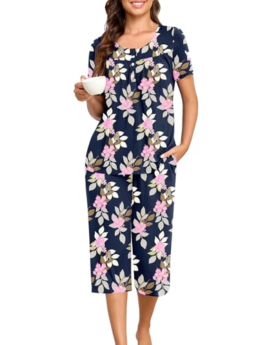 HALCYEEN Women's Short Sleeve Capri Pajama Set w/ Pockets 2-Piece Deal
