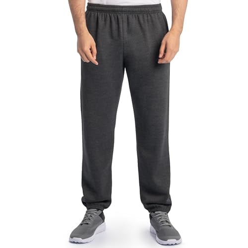 Fruit of the Loom Cotton Polyester Blend Eversoft Fleece Relaxed Fit Elastic Bottom Sweatpants w/ Pockets (Black Heather, Sizes M-XL, 4XL)