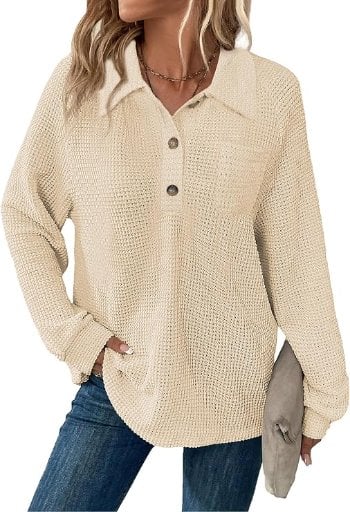 Balivsa Womens Waffle Knit V-Neck Long Sleeve T-shirts Button Down with Pockets Tunic Deal