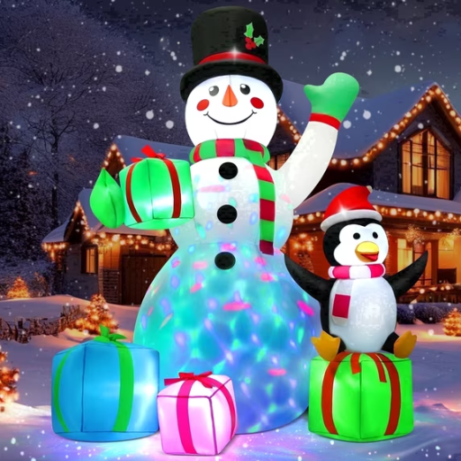 Yexmas 6FT Christmas Inflatables Snowman Blow Up Yard Decor with 360 Rotation Colorful Projector LED Light