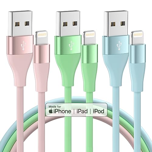 MenoSupp 3-Pack 10' MFi Certified Lightning Cable (Pink, Green and Blue)
