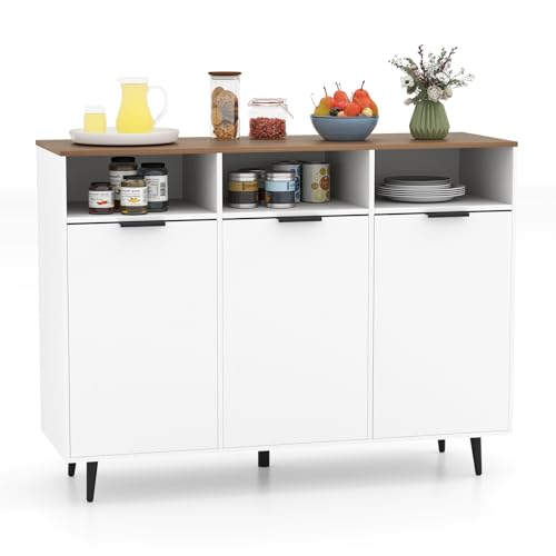 47" Sideboard Buffet Cabinet w/ 3 Doors & Adjustable Shelves (White & Natural) Deal