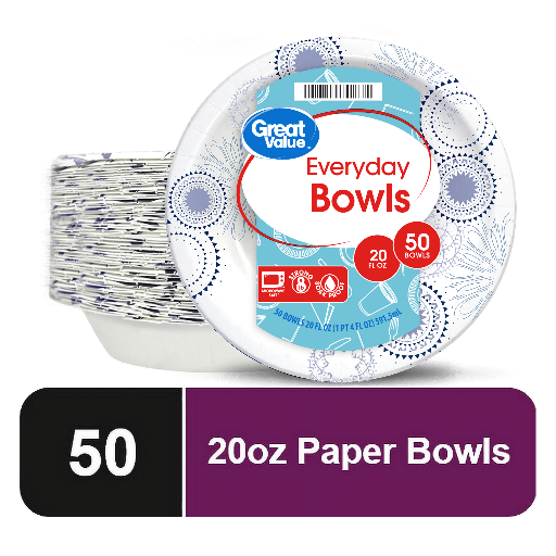 Great Value Everyday Disposable Paper Bowls, 20 oz, 50 Count (Pack of 6)