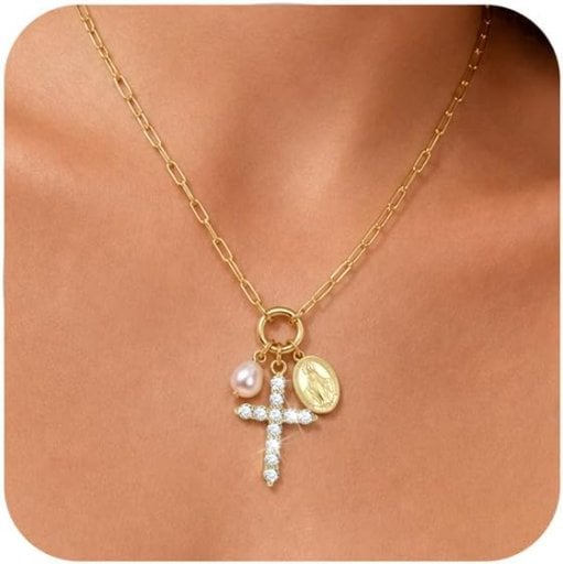 Gold Virgin Mary Cross Necklace - 14K Gold Plated