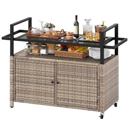 XL Outdoor Bar Multipurpose Storage Cart w/ Glass Top