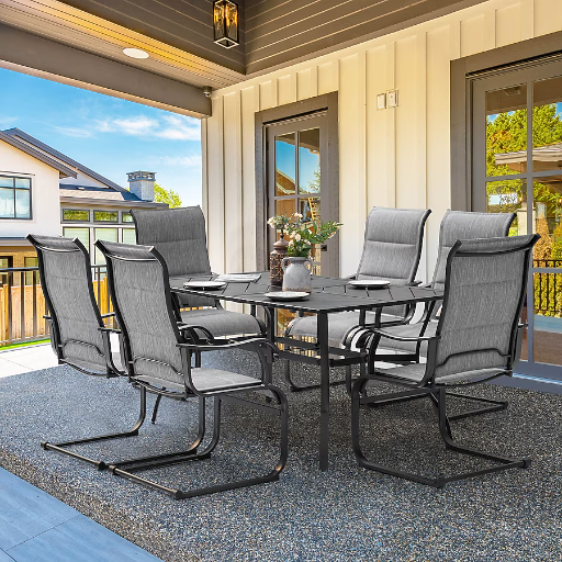 Nuu Garden 7-Piece Curved Leg Table Patio Dining Set with 6 Light Gray C-spring Chairs Deal