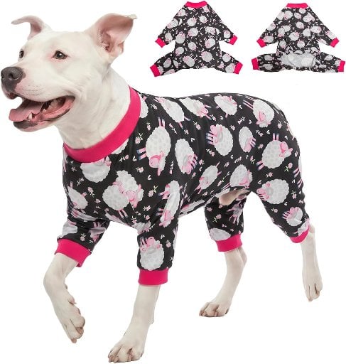 LovinPet Calming Dog Pajamas for Large Breeds, Black Sheep Print (2XL)