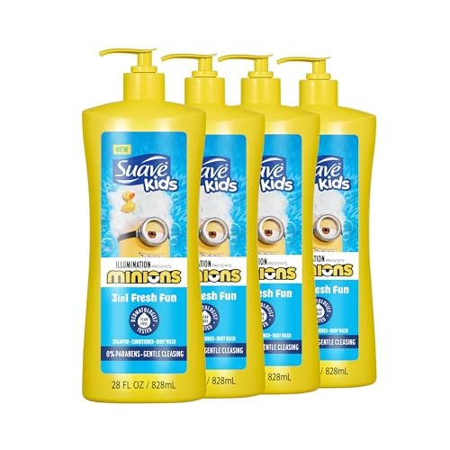 Suave Kids Minions 3-In-1 Shampoo, Conditioner, and Body Wash 28 oz (Pack of 4)