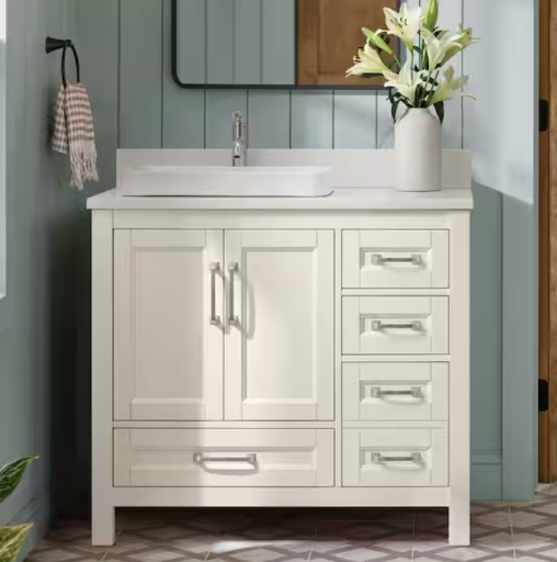 Bentworth 36 in. Single Semi-Recessed Sink Warm White Bath Vanity with White Engineered Marble Top Deal