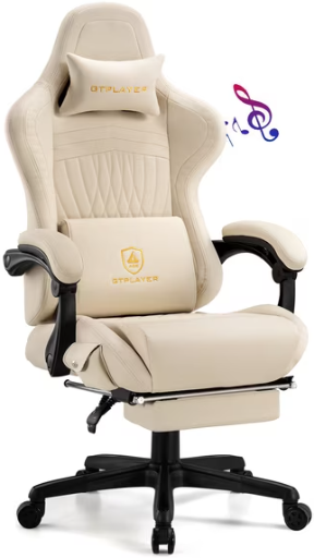 GTRacing Gtplayer Pro Gaming Chair with Footrest, Dual Bluetooth 5.1 Speakers, PVC Leather Recliner, Ivory Deal