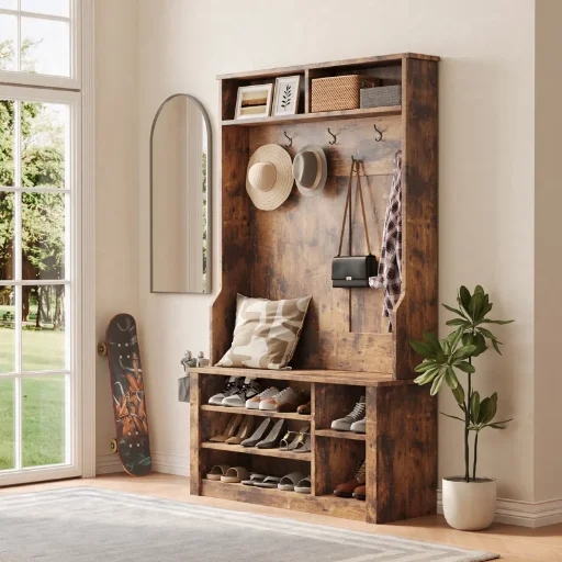 Millwood Pines Entryway Farmhouse Hall Tree w/ Bench, Shoe Storage, Side Baskets and Hooks (Rustic Brown) Deal