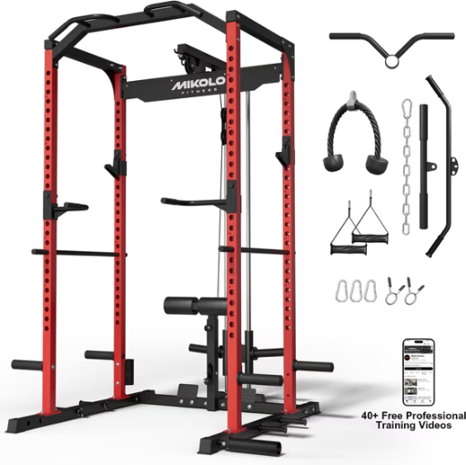 Mikolo Multi-Functional Squat Rack Power Cage w/ LAT Pulldown Cable System (Red) Deal