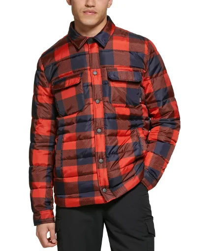 Bass Outdoor Men's Quilted Puffer Shirt Jacket Buffalo Check Red/black