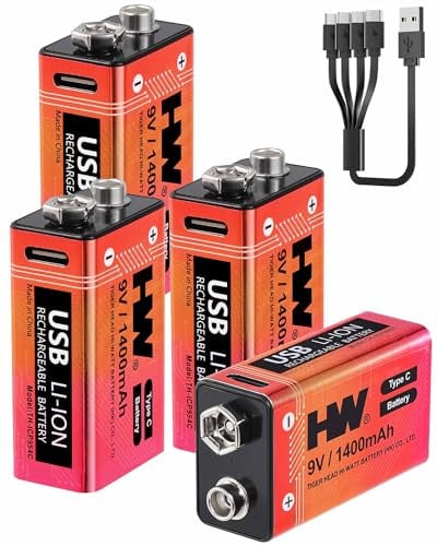 HW 9 Volt 1400mAh Rechargeable Lithium Batteries 4-Pack