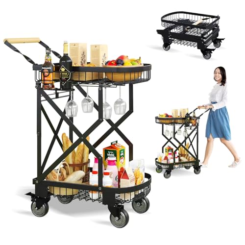 LACACIVIN 2-Tier Foldable Shopping Cart with Wheels