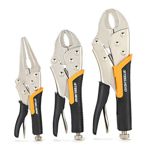 STEELHEAD 3-Piece Locking Pliers Set, 10-inch Curved Jaw, 7-Inch Curved Jaw & 6-1/2” Long Nose Straight Jaw
