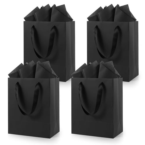 Black Small Gift Bags with Handles and Tissue Paper- 4 Pack Deal
