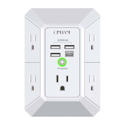 QINLIANF 3-Prong Outlet Extender w/ 1680J Surge, 5x AC, 3x USB-A, 1x USB-C