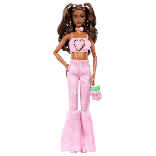 Barbie Deluxe Style Doll #12 Pink Denim Crop Top Rose Print Flare Jeans