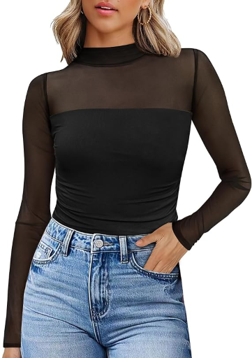 WIHOLL Long Sleeve Mesh Turtle Necks Tops  Deal