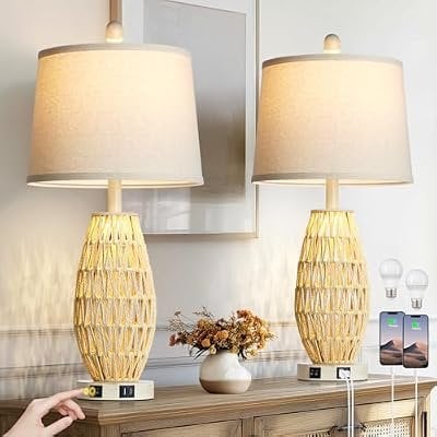 27“ Beige Rattan Table Lamps with Night Light, Set of 2 