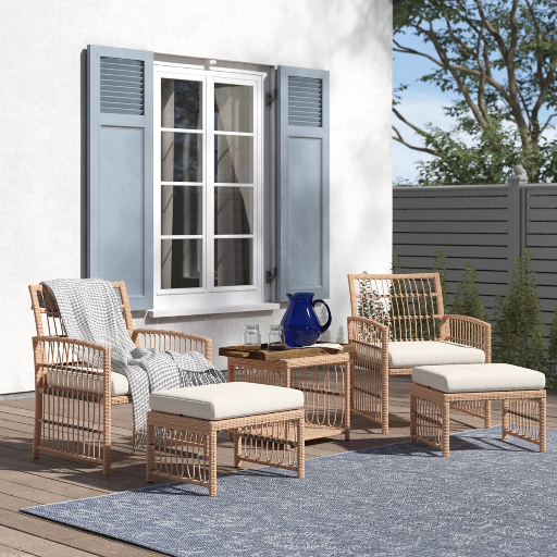 Anthippi Wicker 5-Piece 2-Person Outdoor Seating Group w Cushions