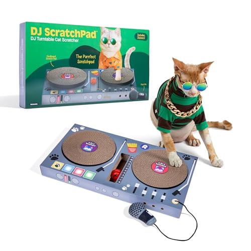 Relatable DJ ScratchPad Cat Scratcher Toy w/ 2 Scratch Wheels, 1 Plastic Ball With Bell, & Attached Microphone Plush Deal