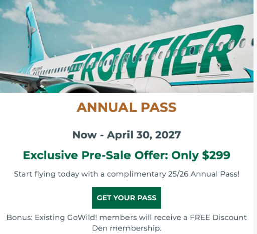 GoWild! Frontier Airlines All-You-Can-Fly 2026-27 Annual Pass