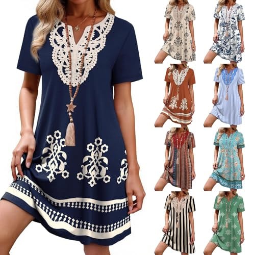 Short Sleeve Summer Tropical Print Split Neck Beach Sundress Deal