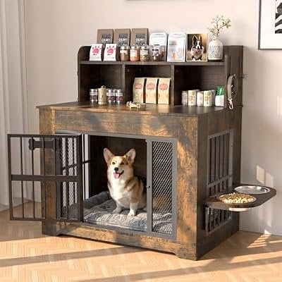 Petrova 33″ Dog Crate Furniture with Storage Shelf & 2 Stainless Steel Bowls