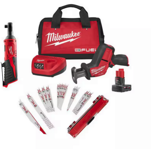 Milwaukee M12 FUEL 12V HACKZALL Reciprocating Saw Kit w/ M12 12V 3/8 in. Ratchet w/ 13-pc SAWZALL Bi-Metal Reciprocating Blade Set